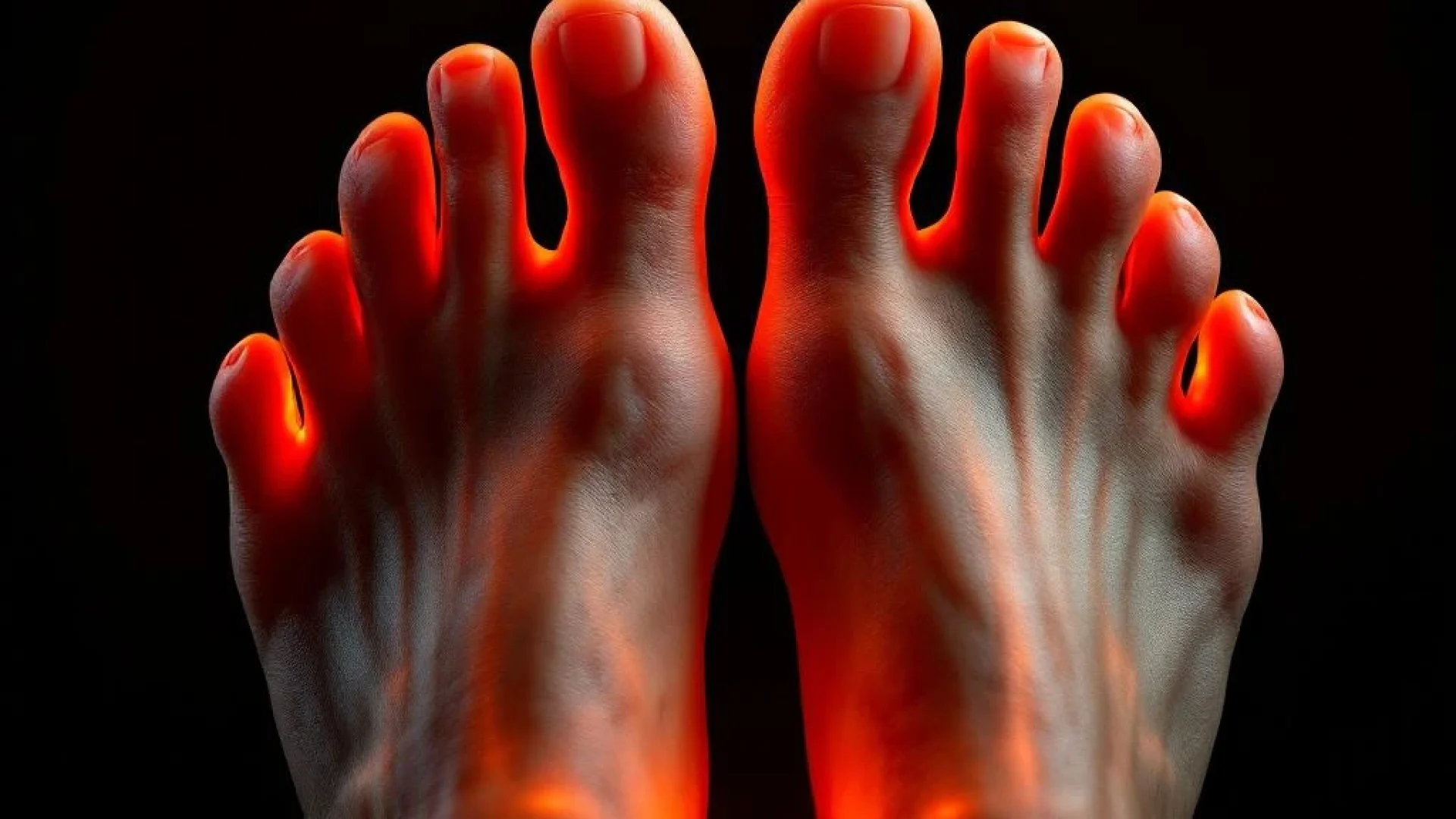 Blote voeten met platte voetbogen tegen zwarte achtergrond, verlicht met oranje medische verlichting