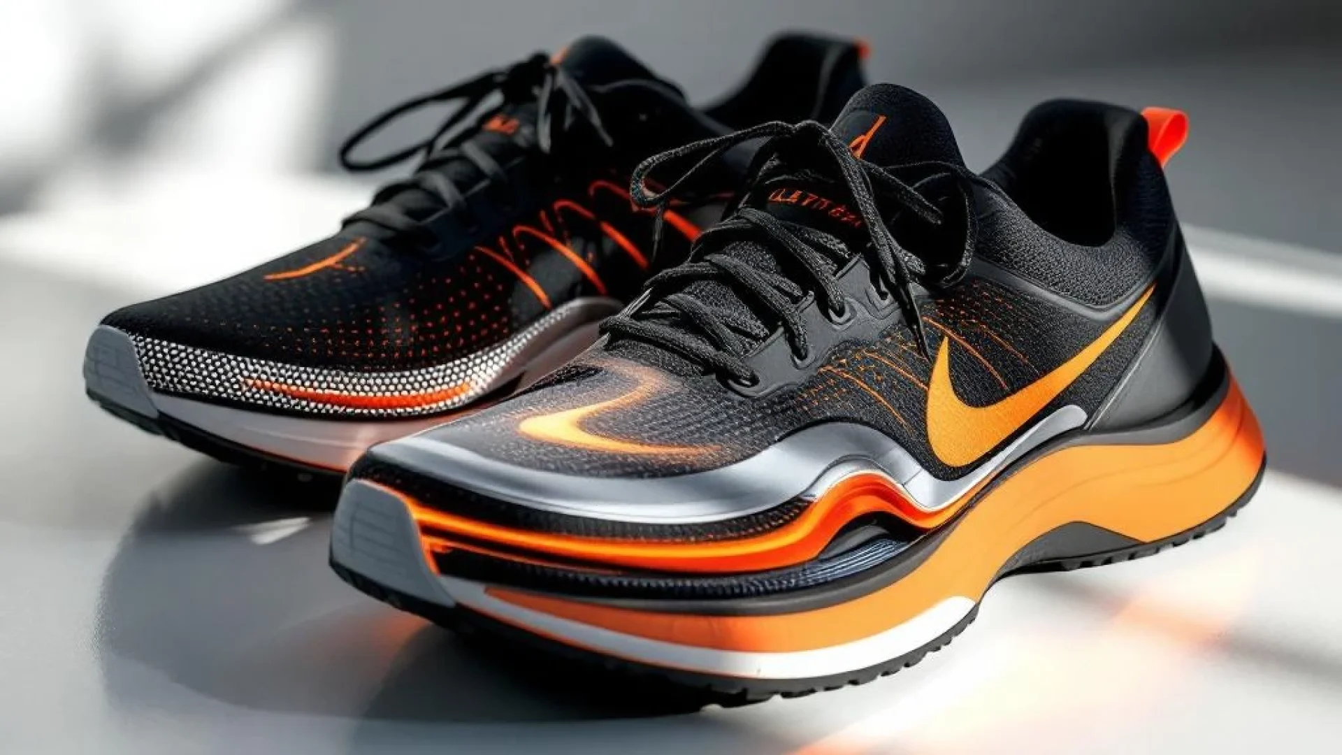 Zwarte hardloopschoenen met oranje accenten en zichtbare boogondersteuning voor platte voeten op witte achtergrond