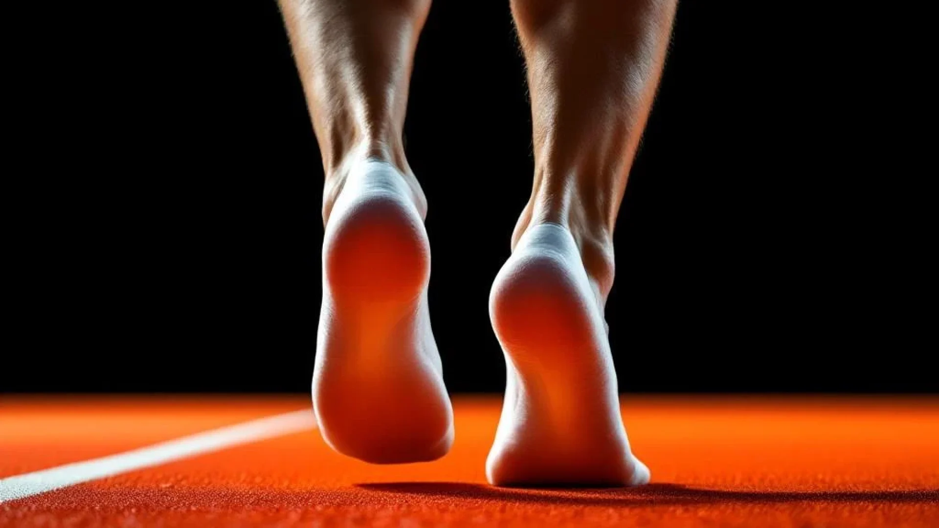 Atletische voeten met platte voetboog in beweging op oranje atletiekbaan tegen zwarte achtergrond