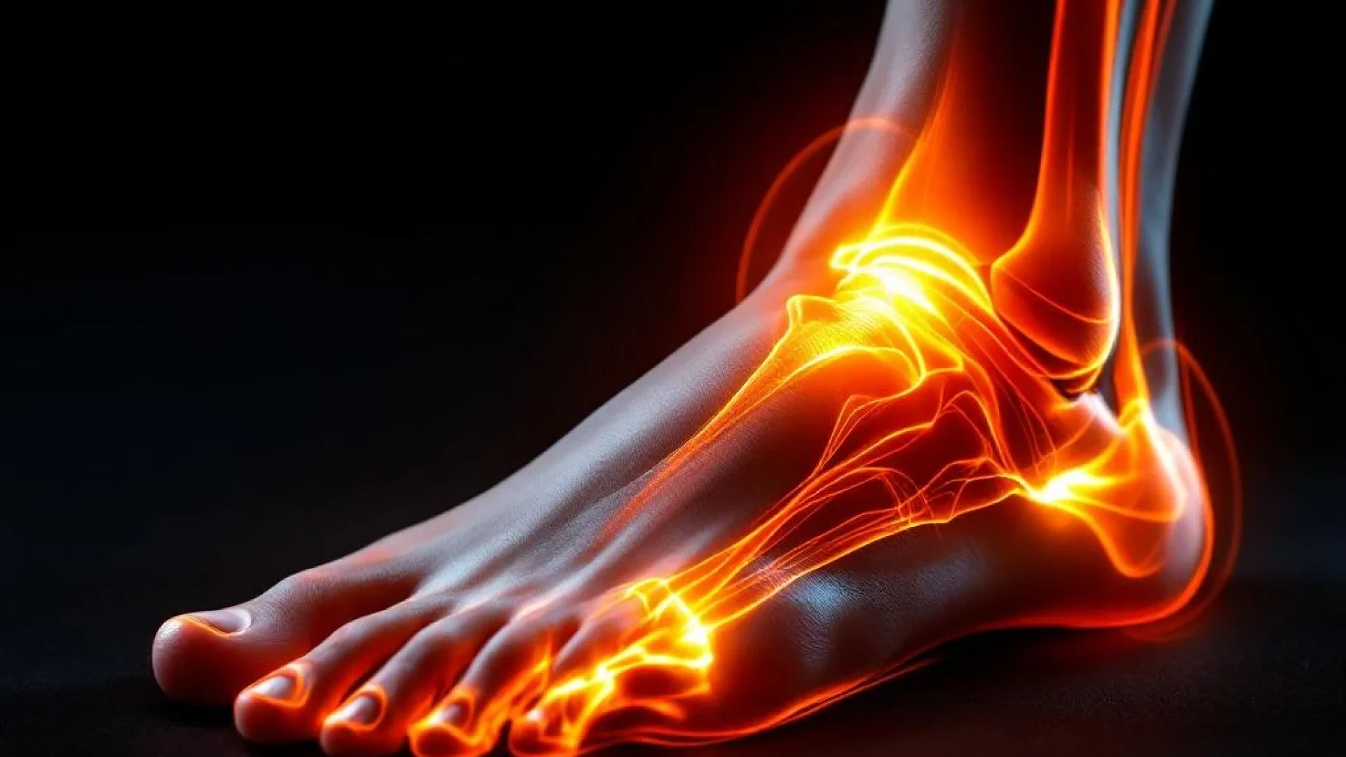 Blote voet met platte voetboog en oranje anatomische lijnen die pijn in knie en voet tonen op zwarte achtergrond