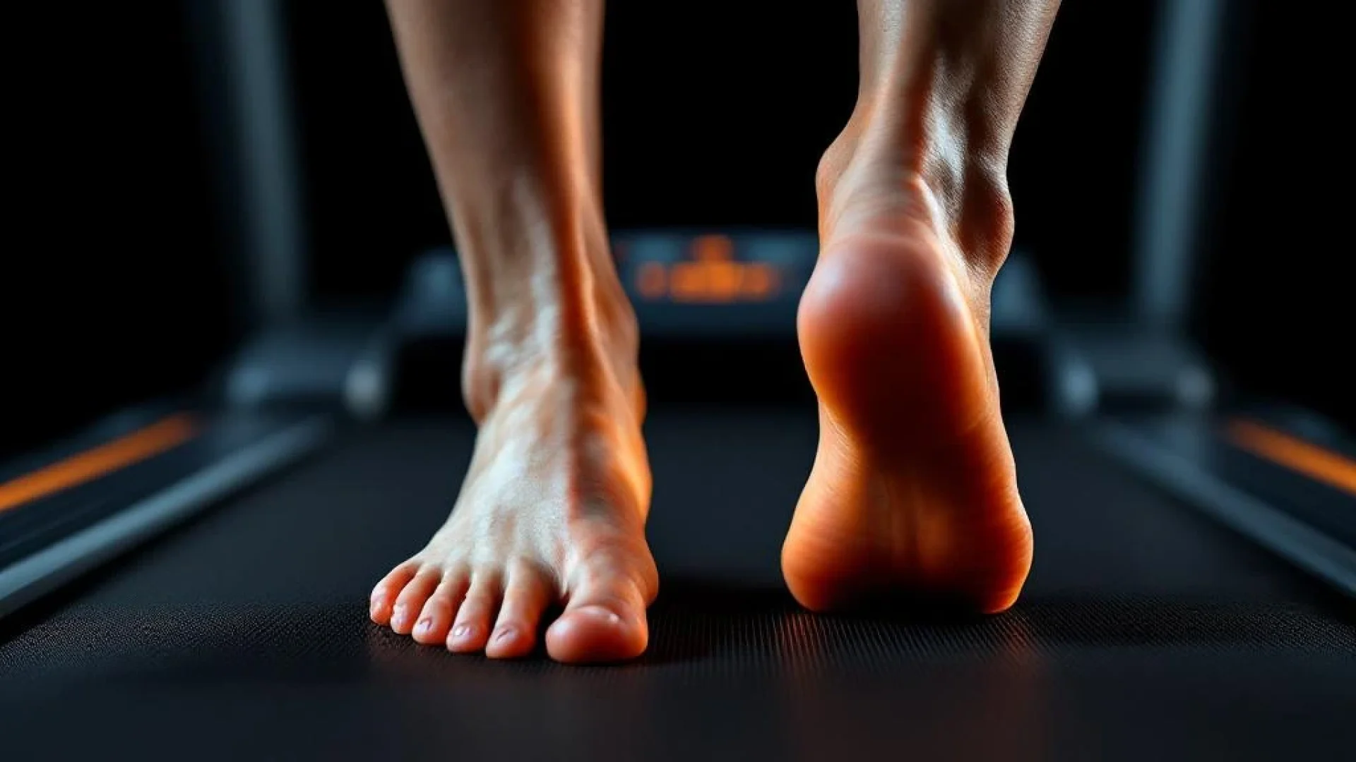 Blote voeten met platte voetboog op loopband tijdens hardlopen, met oranje accentverlichting op drukpunten