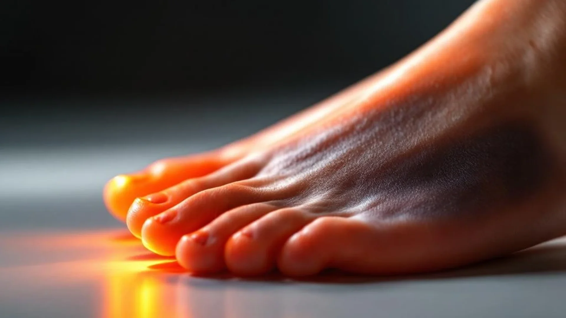 Blote voeten op witte ondergrond, één voet toont platte voetboog, dramatische belichting benadrukt voetstructuur