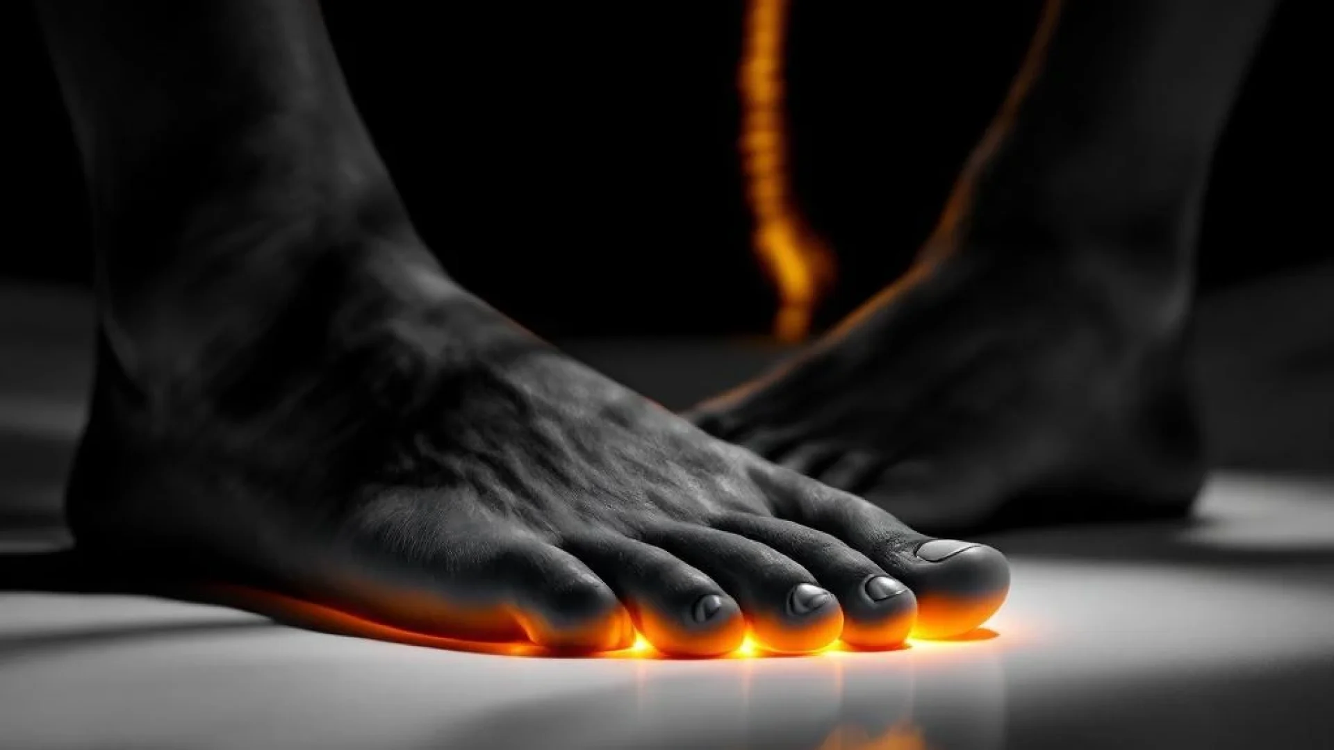 Blote voet met platte voetboog op witte ondergrond, oranje therapeutisch licht, ruggengraat silhouet op achtergrond