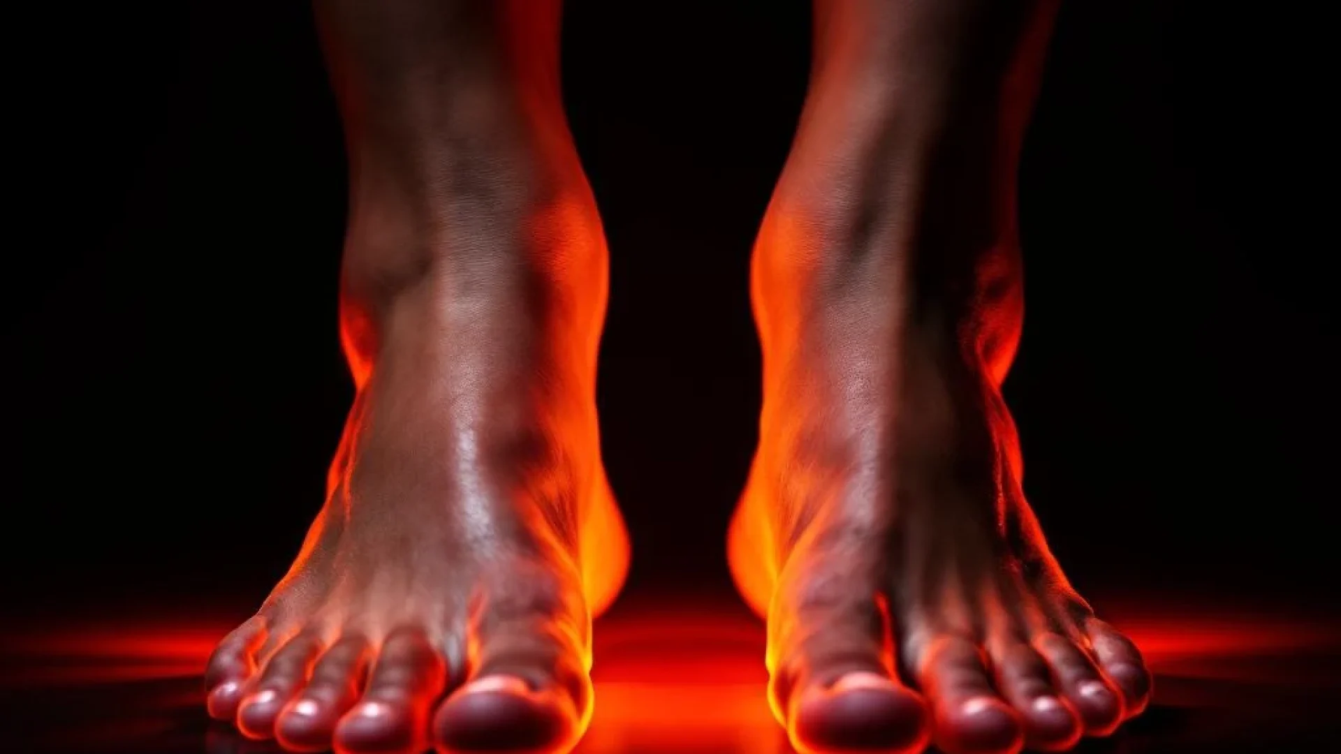 Zijaanzicht van voeten tegen zwarte achtergrond toont vergelijking tussen platvoet en normale voetboog met oranje verlichting