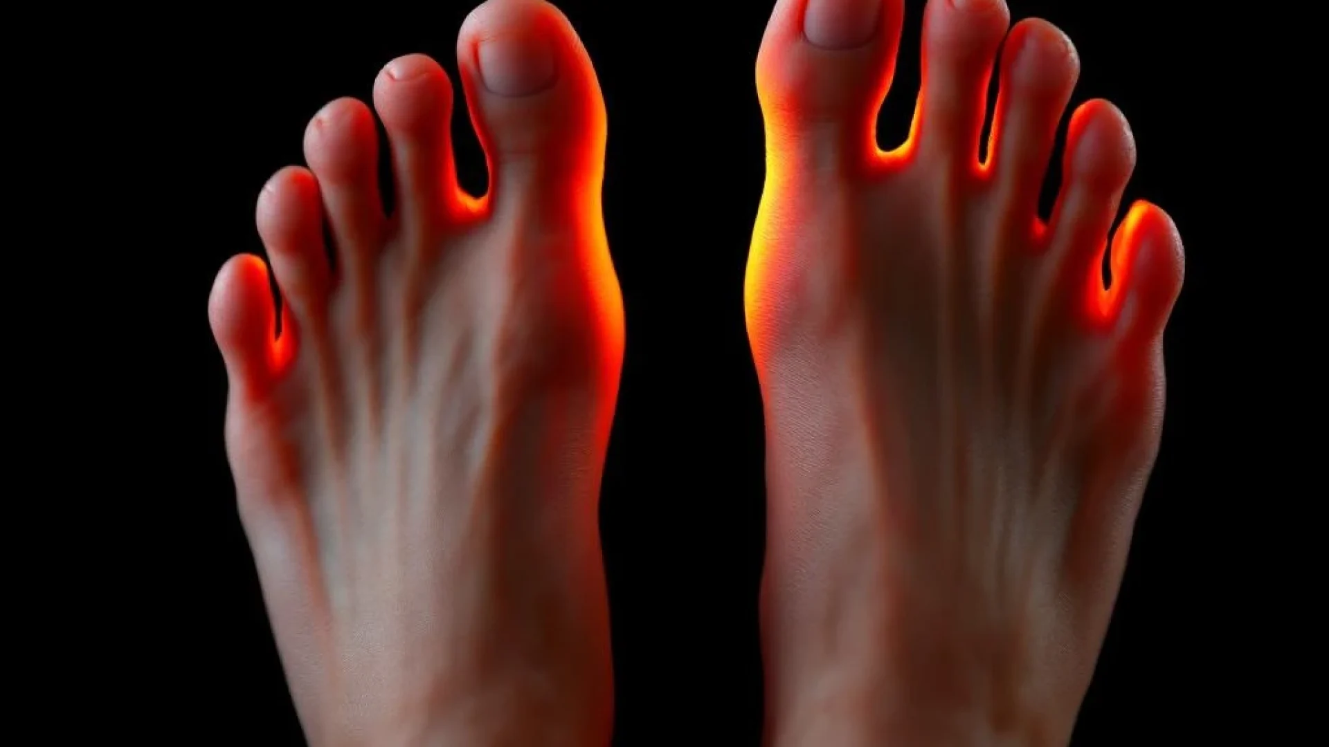 Blote voeten van opzij met platte voetboog, dramatisch oranje-rood verlicht tegen zwarte achtergrond voor fysiotherapie