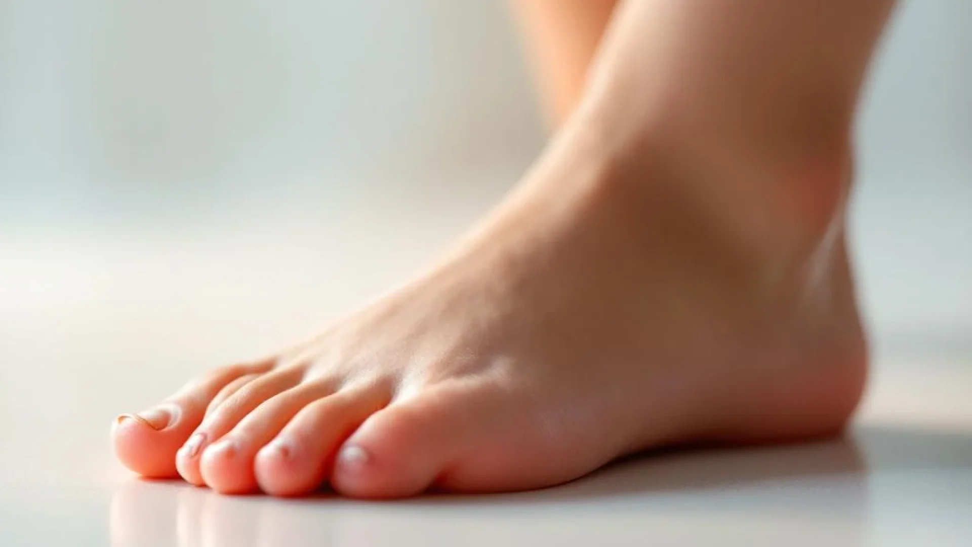 Kindervoetenclose-up met platte voetboog op studiovloer, dramatische zijverlichting met koraalrode accenten