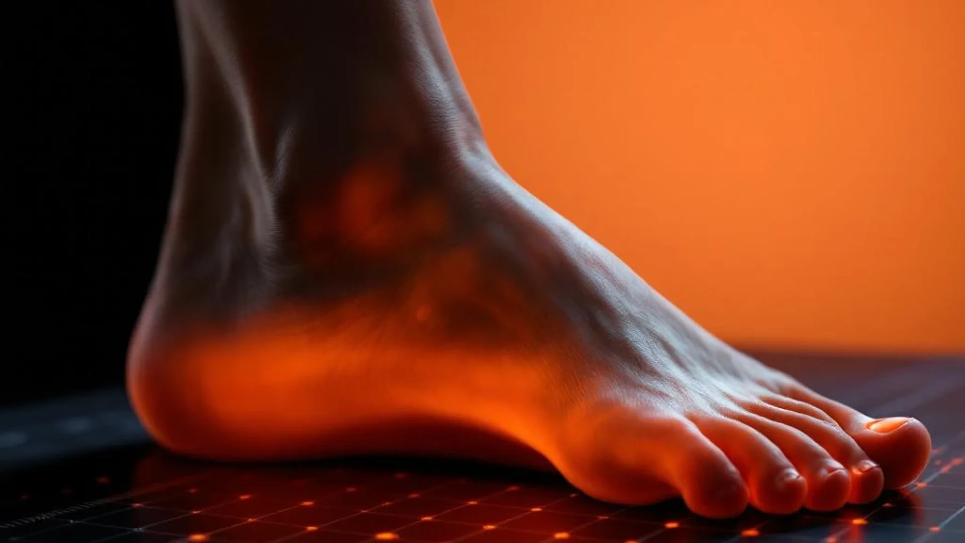Zijaanzicht van blote voet met platte voetzool op medisch meetraster, dramatische oranje-rode verlichting benadrukt voetstructuur