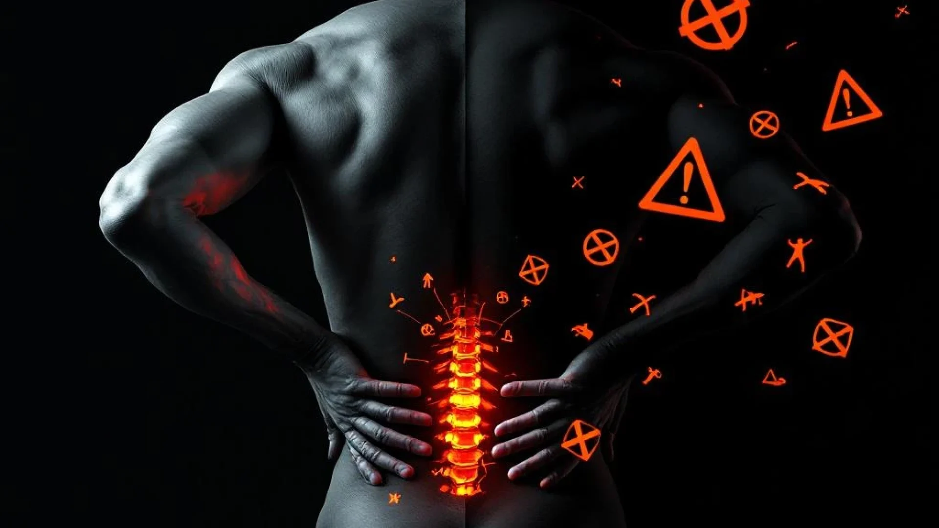 Persoon met gespannen houding grijpt pijnlijke onderrug, oranje waarschuwingssymbolen tonen onjuiste bewegingen