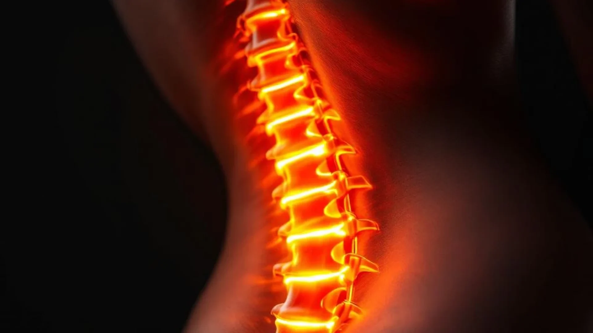 Onderrug met warmtetherapie en oranje-rode verlichting tegen zwarte achtergrond voor pijnverlichting