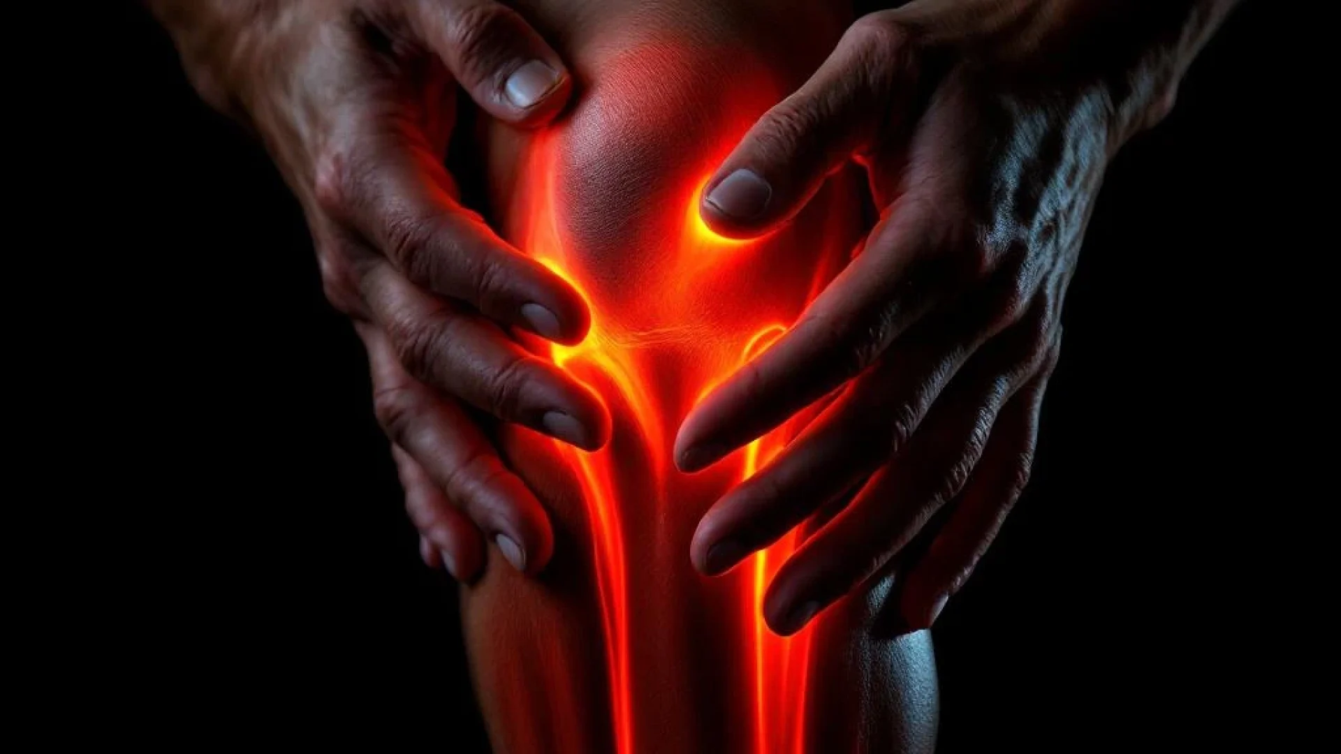 Handen masseren scheenbeen en tibialis anterior spier met oranje accentverlichting op zwarte achtergrond