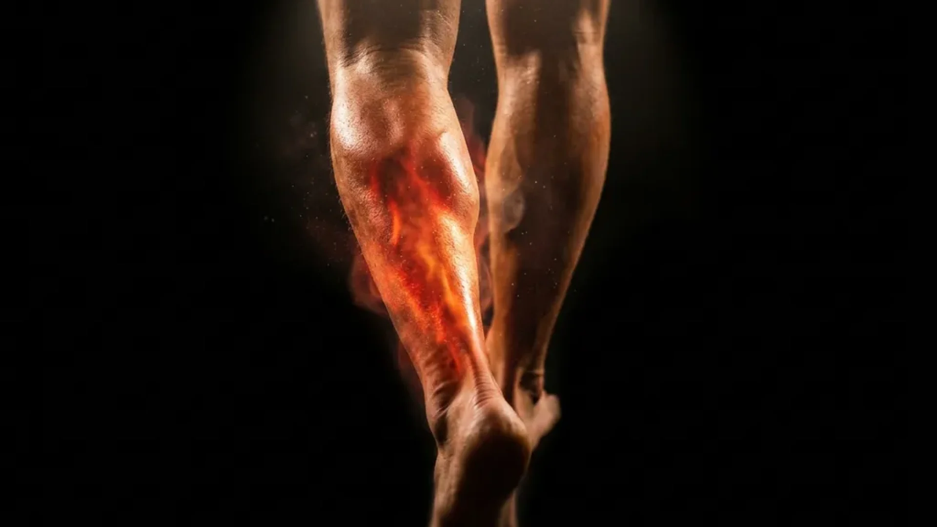 Gespierde onderbenen in beweging met gloeiende oranje hitte op scheenbeen en enkel, symbool voor shin splints pijn bij intensief sporten.
