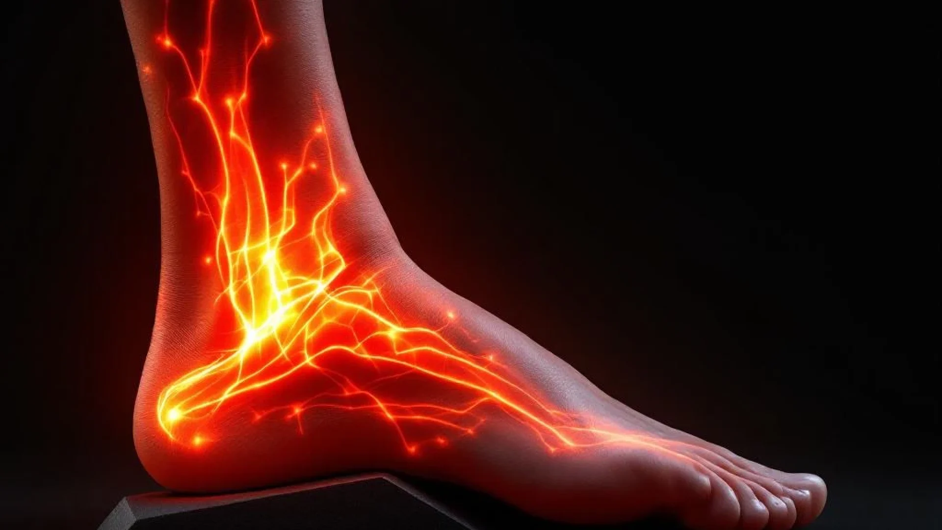 Atleetbeen met oranje therapeutisch licht op scheenbeen tegen zwarte achtergrond voor pijnverlichting