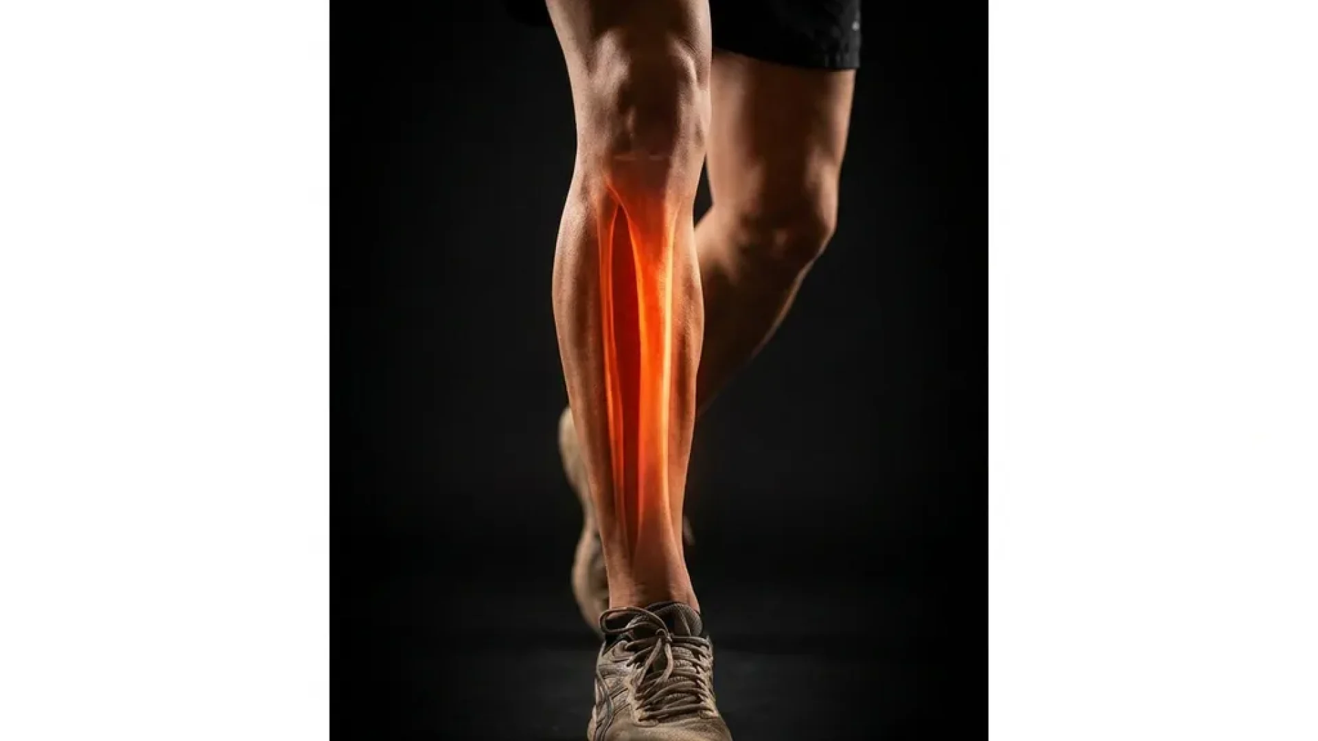Hardloper met shin splints: gloeiende pijn langs het scheenbeen zichtbaar als roodoranje gloed onder de huid.