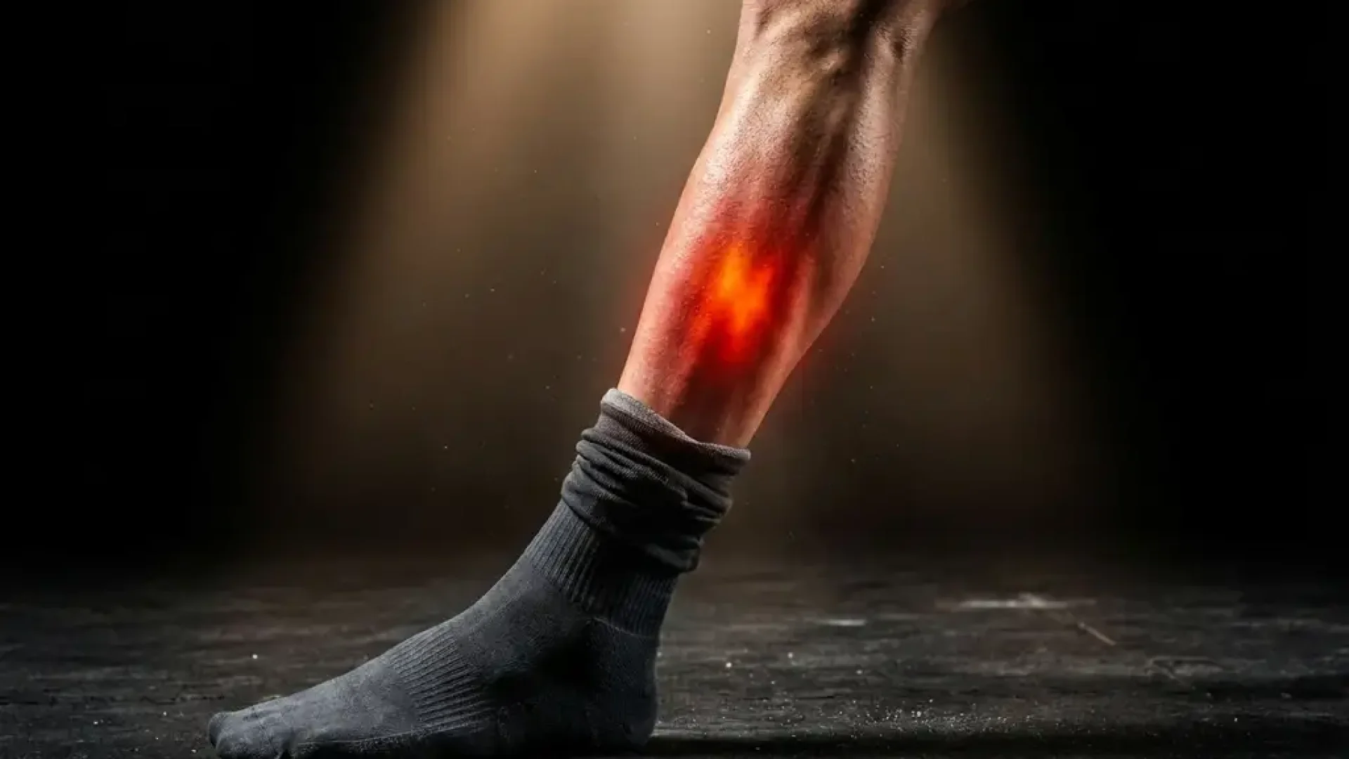 Gespierd onderbeen mid-stap met gloeiend oranje-rood pijnaccent op het scheenbeen, symboliserend shin splints of stressfractuur.