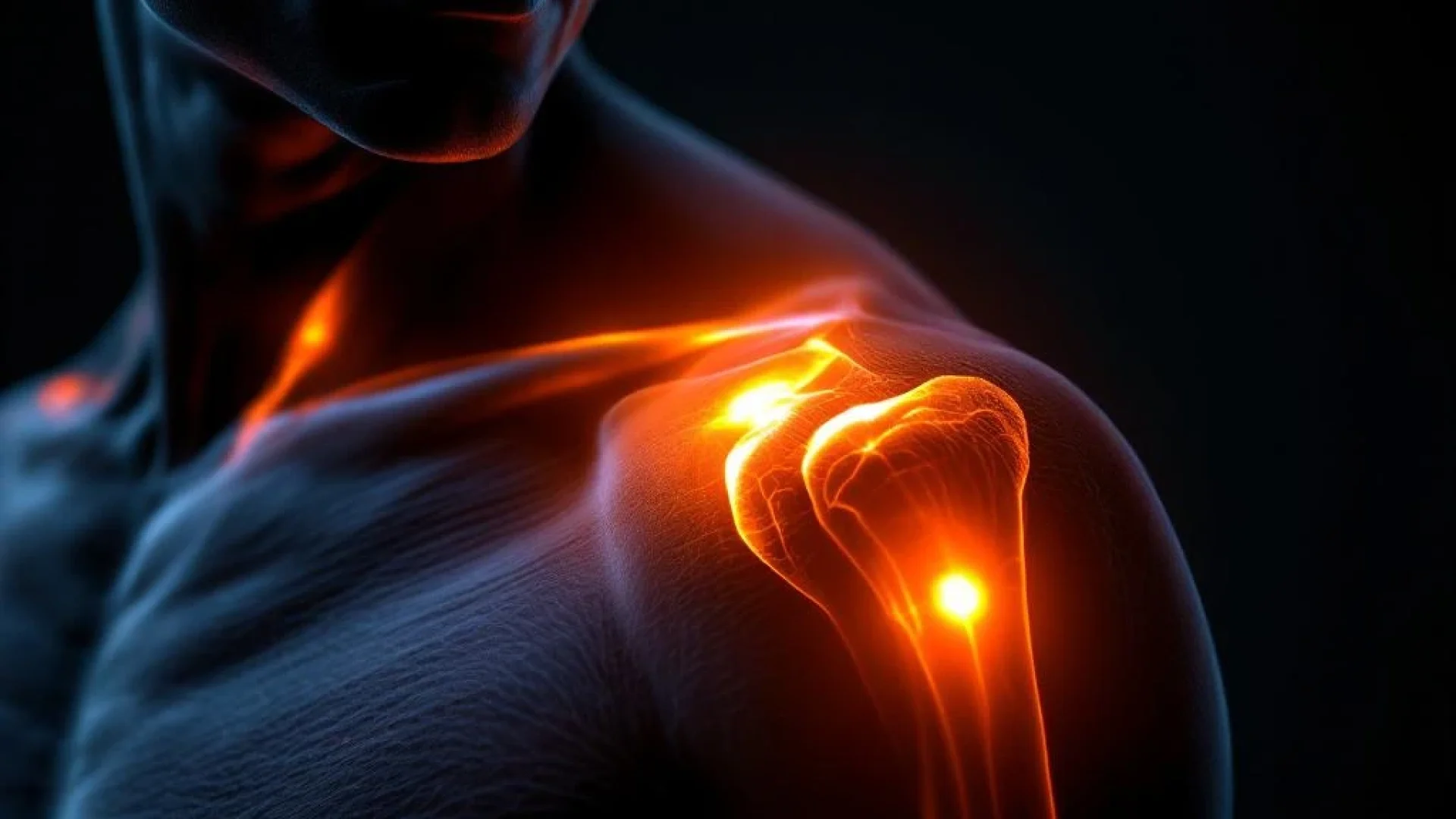 Anatomische illustratie van schouder met oranje gemarkeerde spiergroepen die pijnpunten tonen tegen zwarte achtergrond