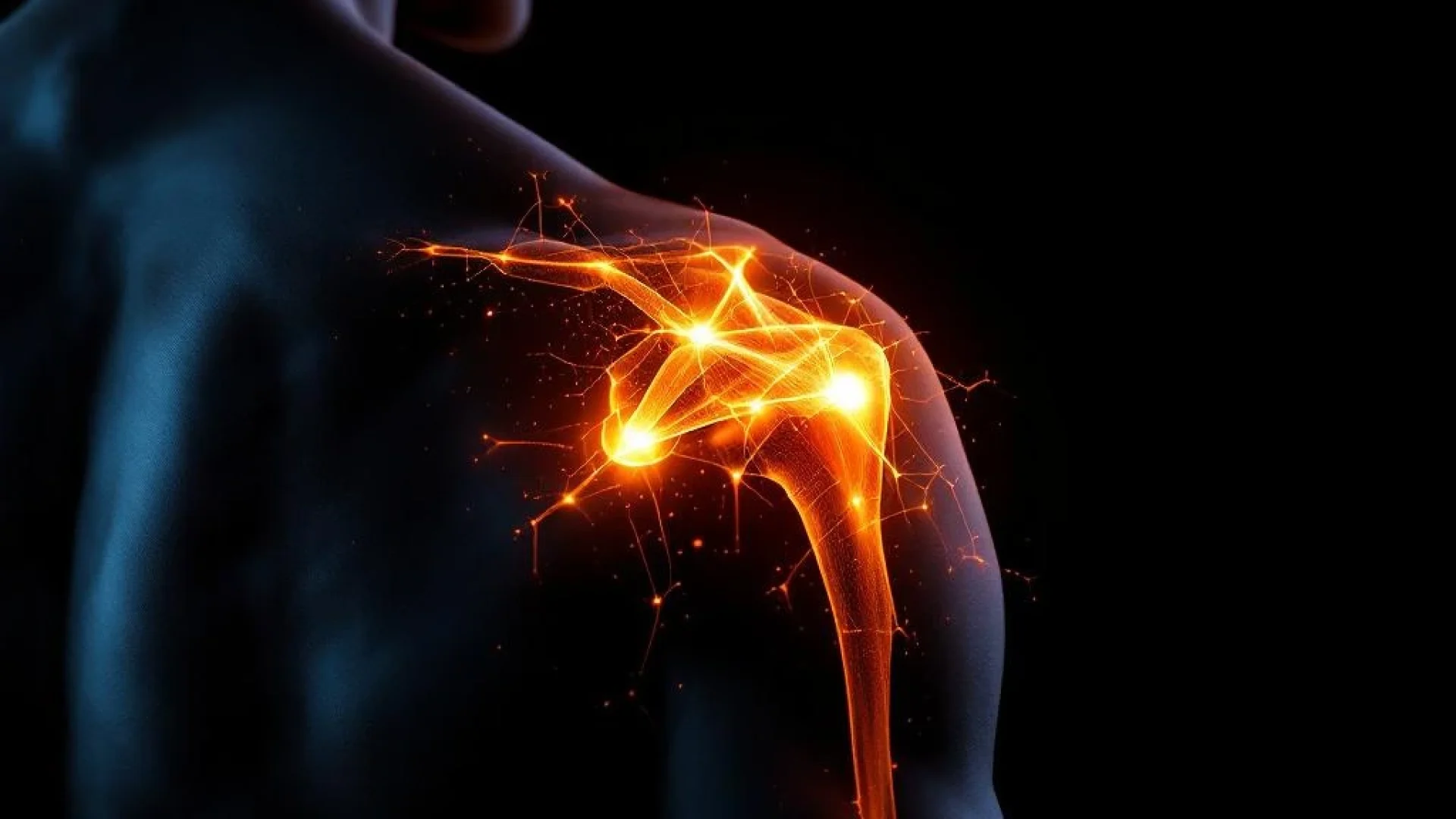 Schouder en bovenarm met therapeutisch oranje-rood licht tegen zwarte achtergrond, fysiotherapie behandeling concept