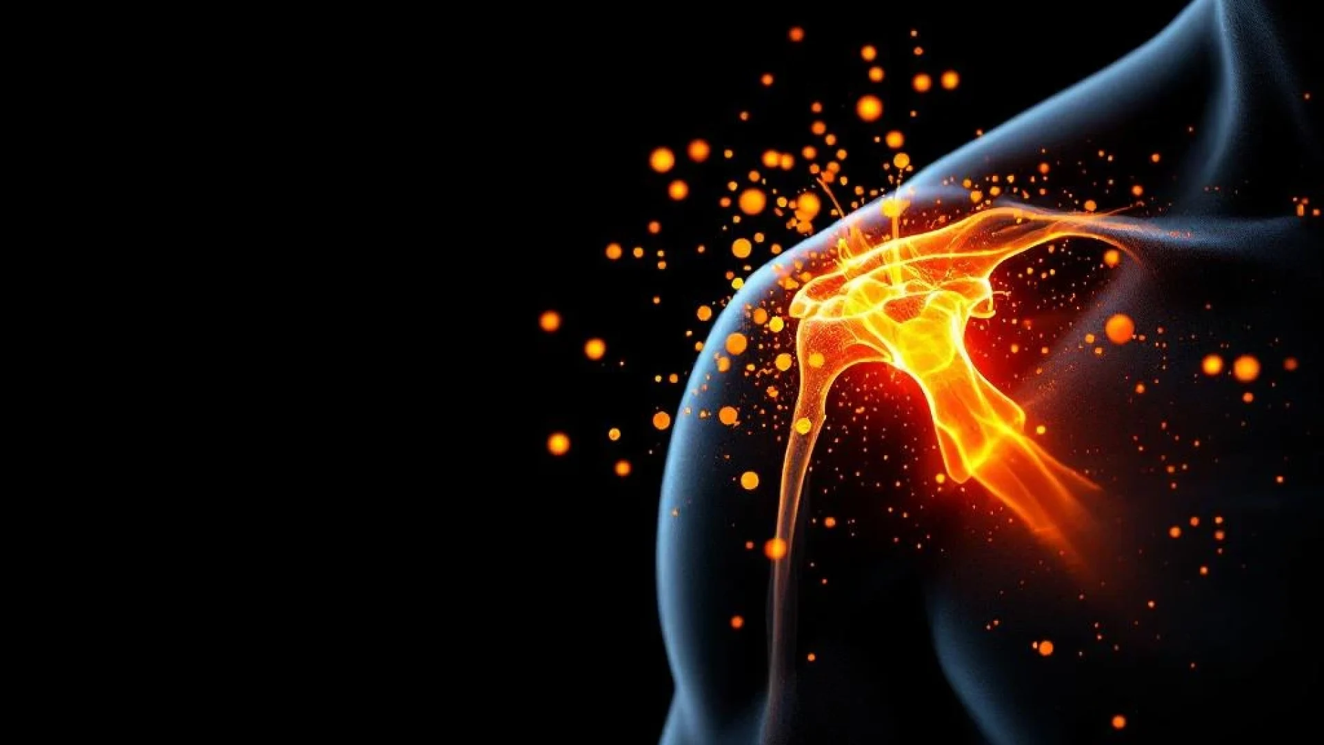 Menselijke schouder met gloeiende anti-inflammatoire voeding zoals zalm, kurkuma en citrus voor gewrichtsherstel