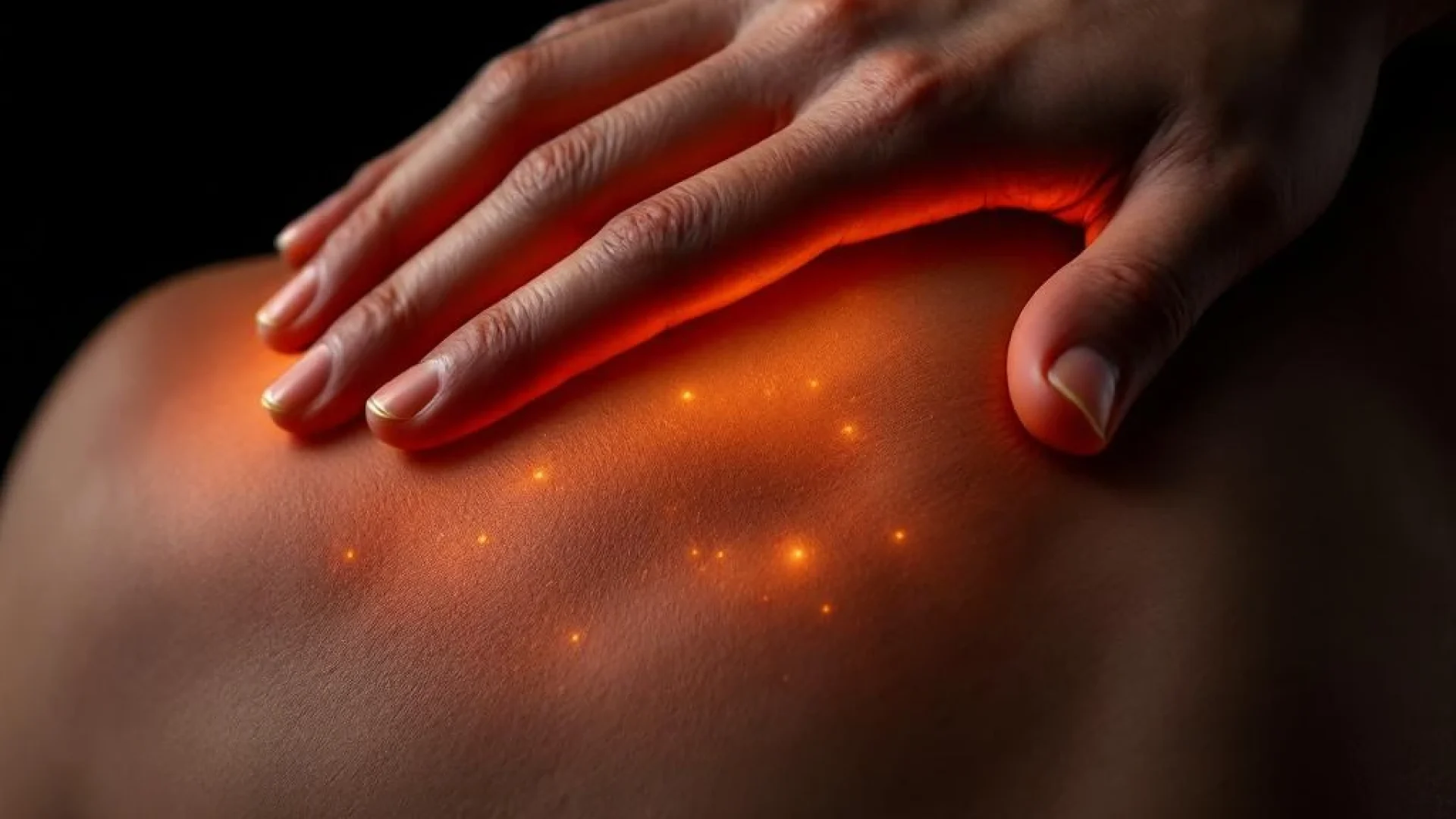 Therapeutische massage van schouder en bovenrug met warme verlichting die spiercontouren benadrukt