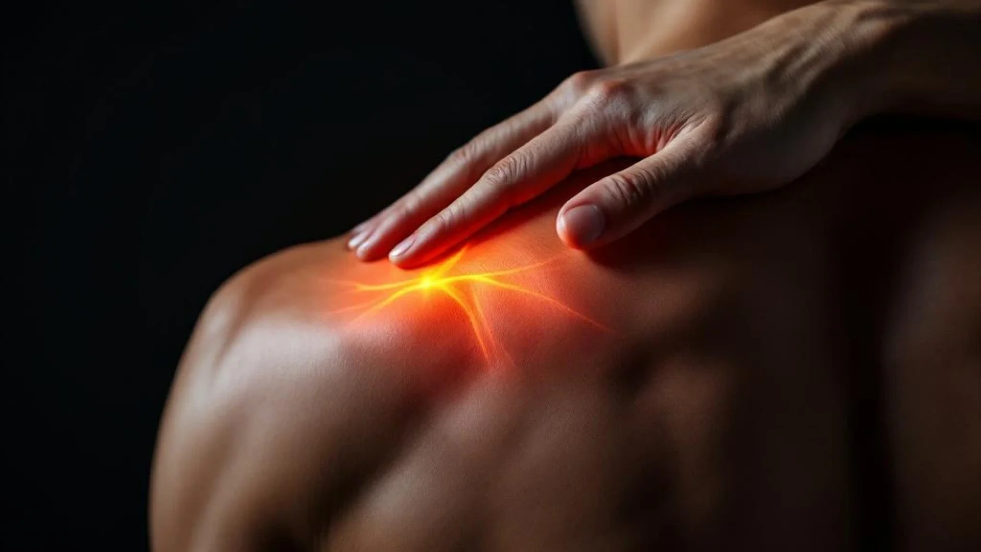 Persoon voert schouderstretch uit met hand op tegenovergestelde schouder, dramatische oranje-rode belichting