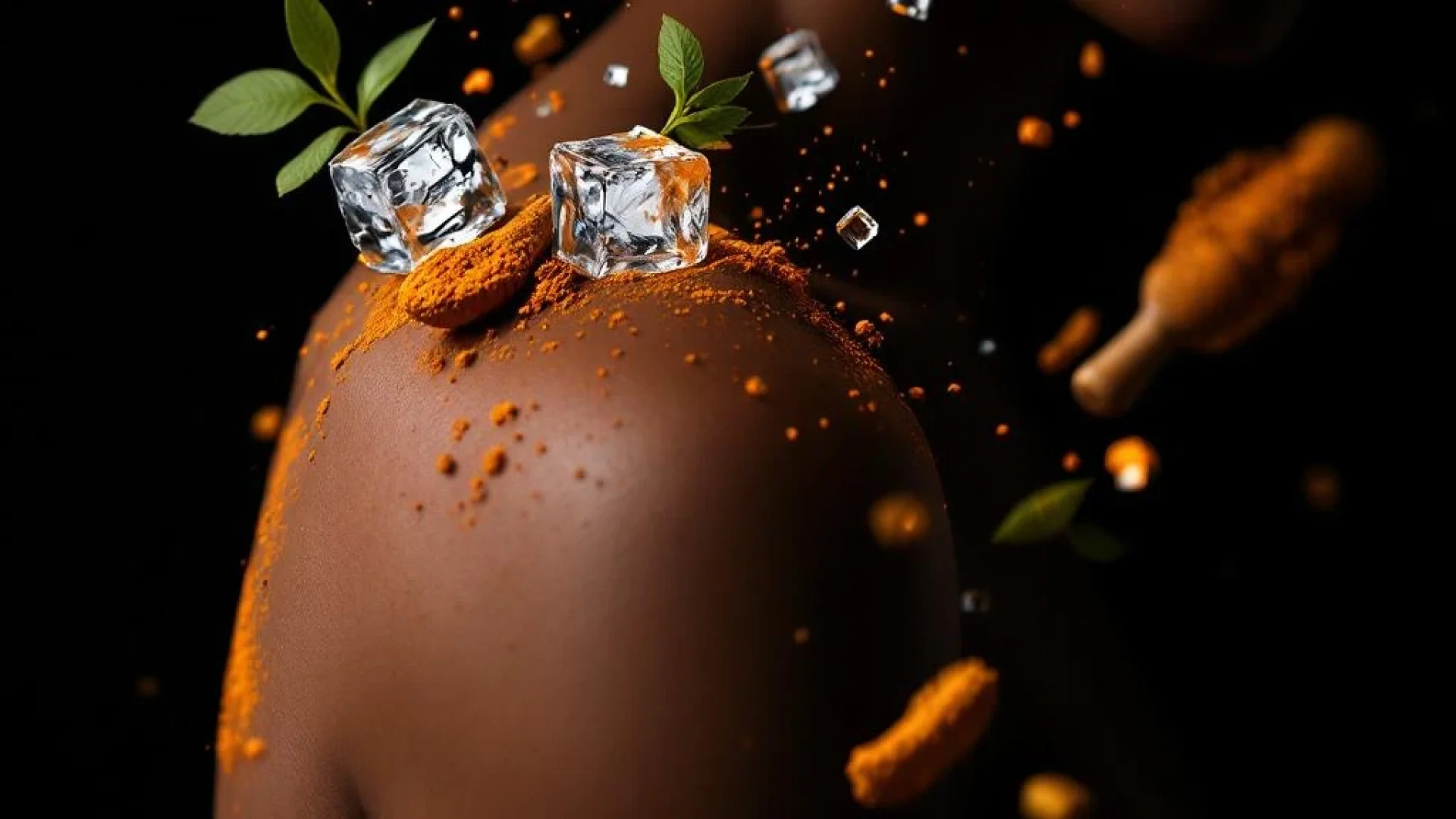 Gezonde schouder met natuurlijke geneesmiddelen zoals eucalyptus, ijs, massagetool en kurkuma tegen zwarte achtergrond