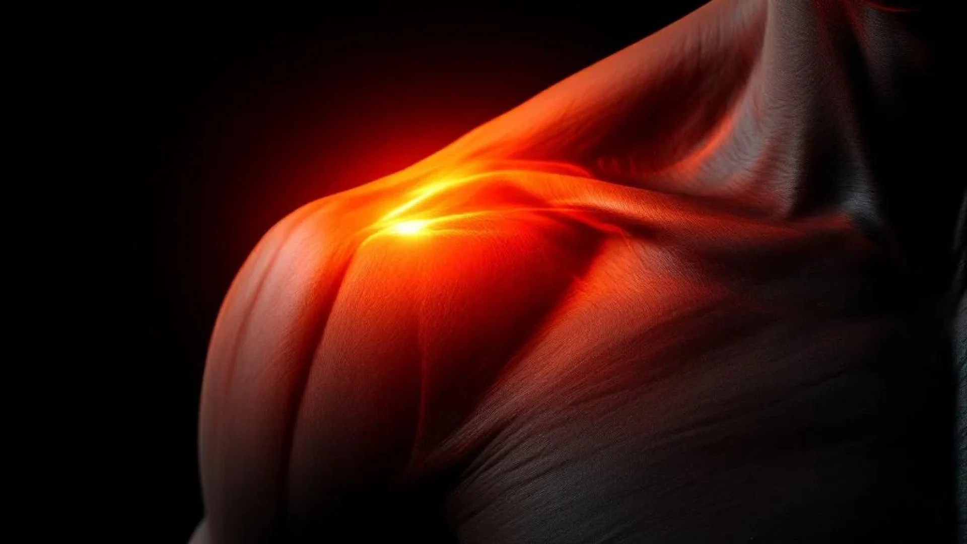 Schouder met spierdefiniëring toont pijnpunten in oranje-rood licht tegen zwarte achtergrond, medische illustratie