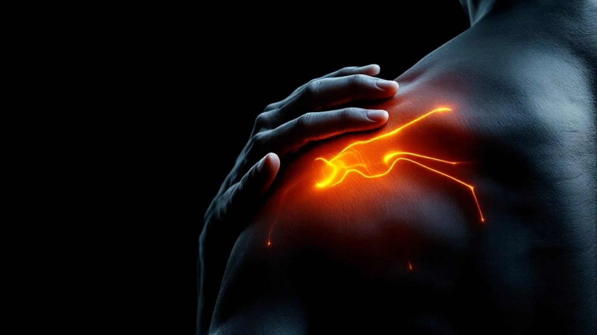 Persoon raakt pijnlijke schouder aan tegen zwarte achtergrond met warme oranje-rode verlichting voor fysiotherapie