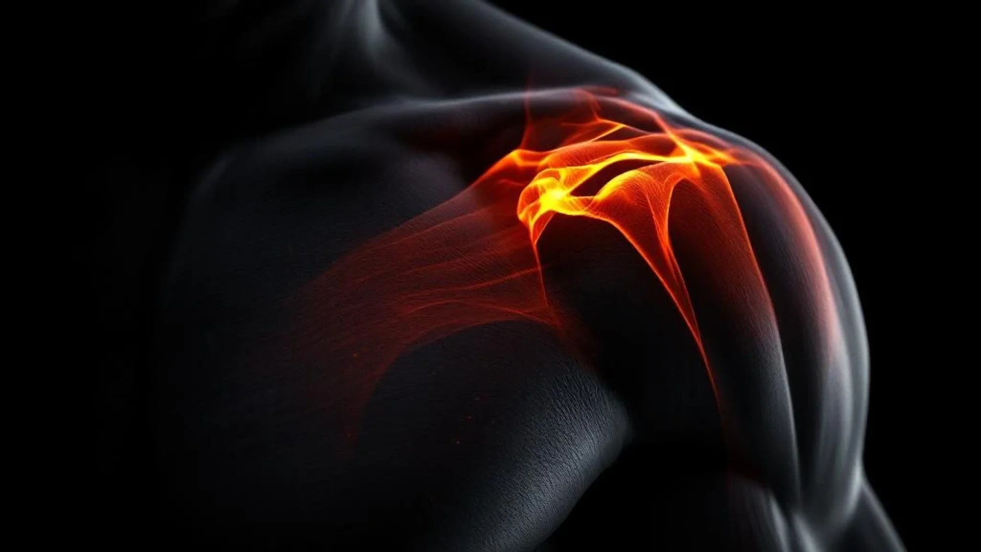 Gespannen schouder met gedefinieerde spieren tegen zwarte achtergrond, dramatisch verlicht met oranje-rode accenten