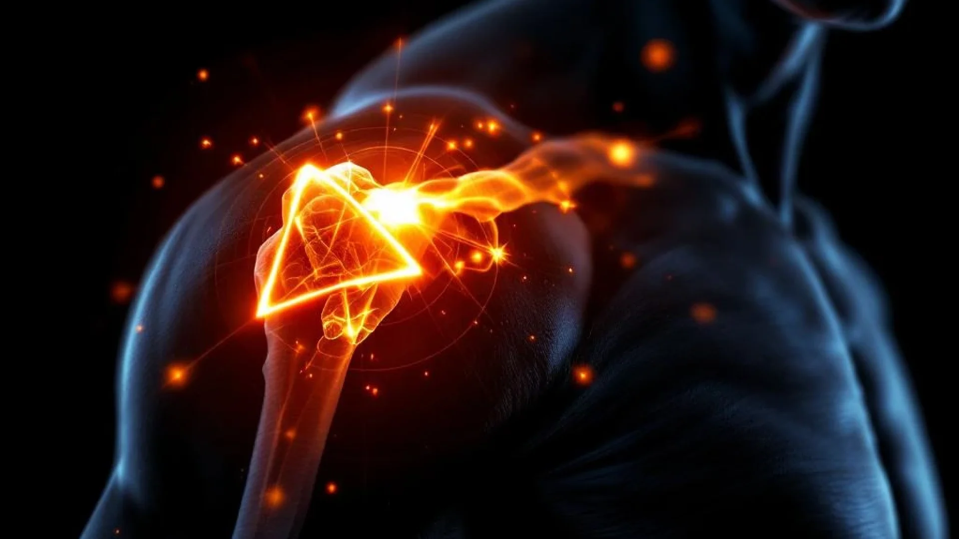 Menselijke schouder met gespannen spieren en oranje-rode pijnpunten tegen zwarte achtergrond, medische visualisatie