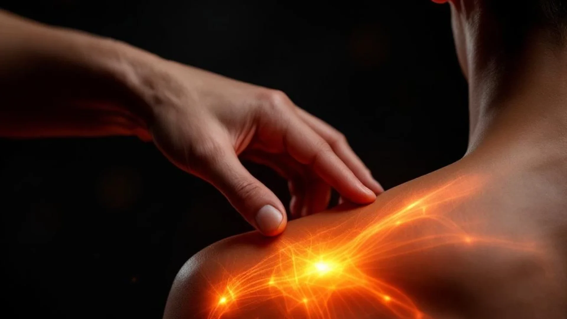Persoon raakt schouder aan tijdens stretchoefening, dramatische oranje verlichting benadrukt spierdefiniție en beweging