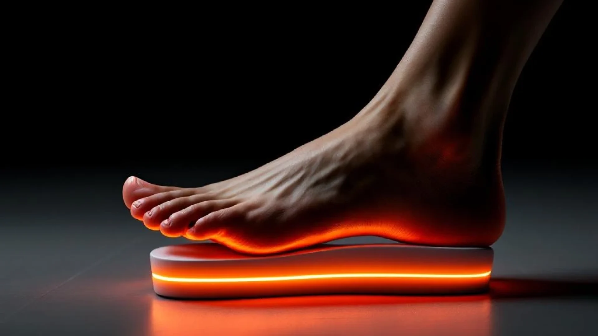 Blote voet op oranje verlichte orthopedische wig tegen zwarte achtergrond, zijaanzicht van platvoet therapie apparaat